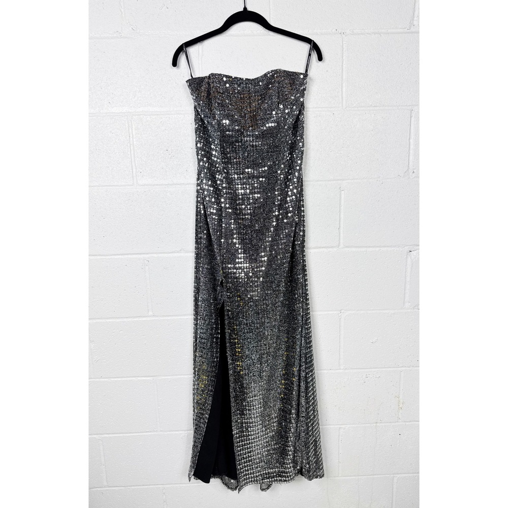 Vintage Y2K Sequin Gown‎ Womens Size 8 Silver Black 2000s Strapless Maxi Dress